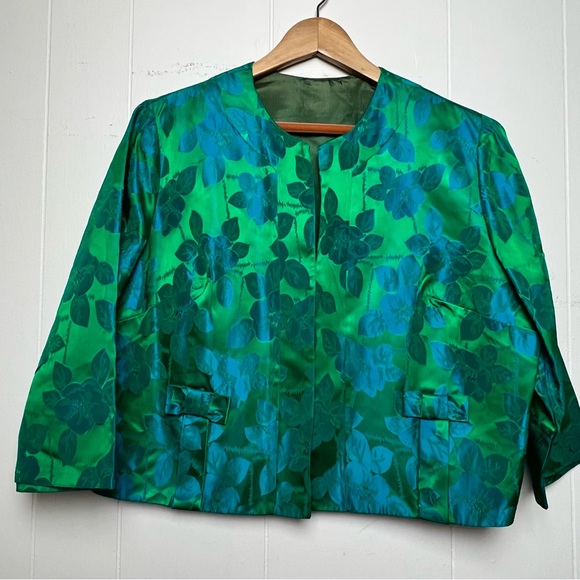 Vintage Floral Damask Green Blue 3/4 Sleeve Cropped Jacket Women’s Size XL - Picture 7 of 12